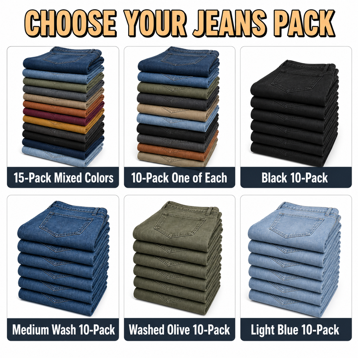Men's flex jeans pack option chart showing 15-pack mixed colors and 10-pack color choices