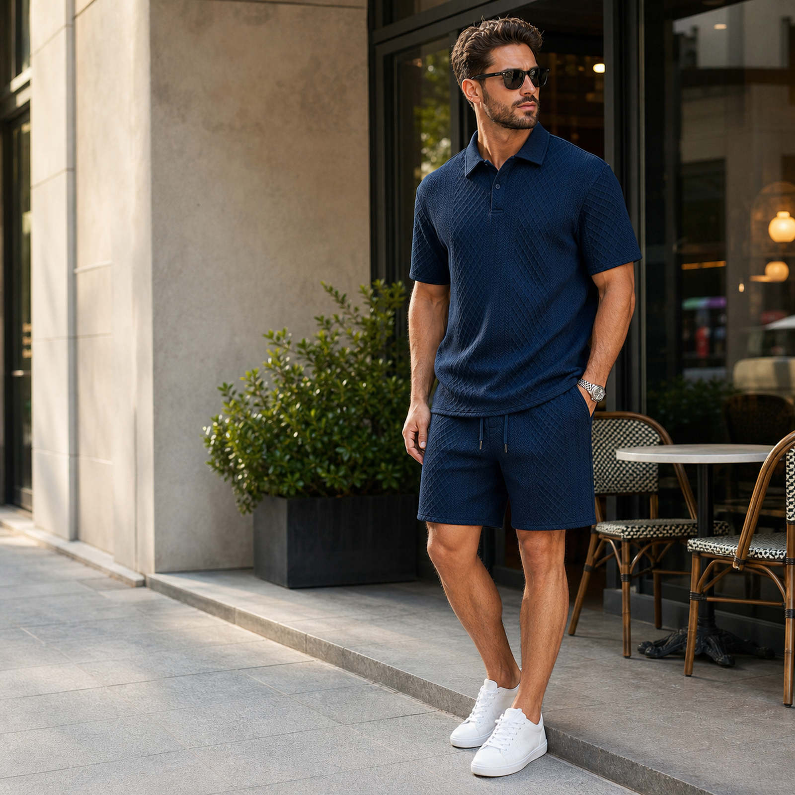 Man wearing navy textured polo shirt and matching drawstring shorts outside a city cafe