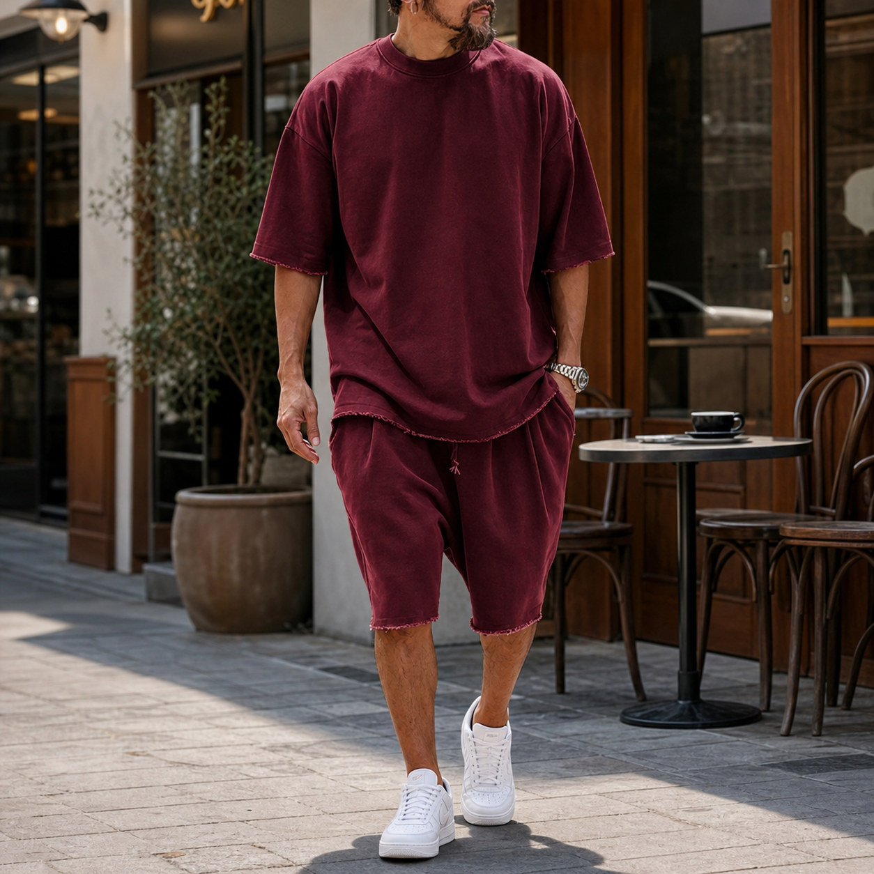 Man wearing a burgundy loose short sleeve top and shorts set in a city cafe setting