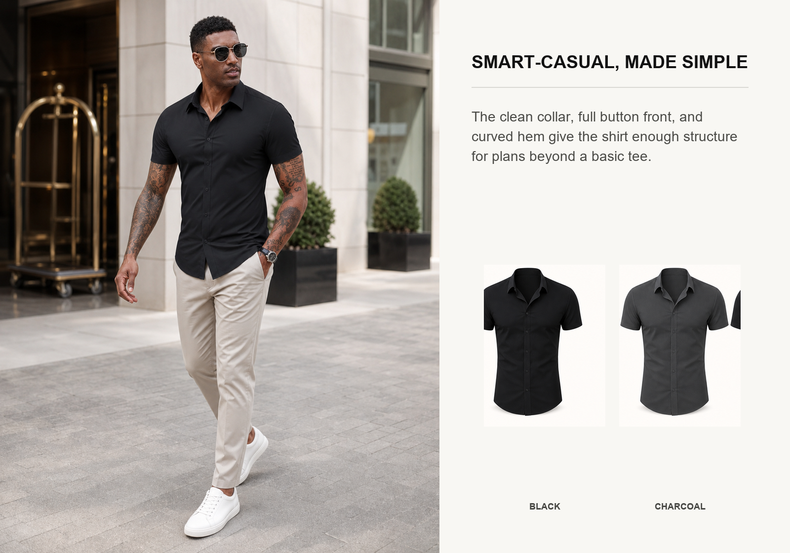 Man wearing a black short-sleeve stretch button-up shirt outside a modern hotel