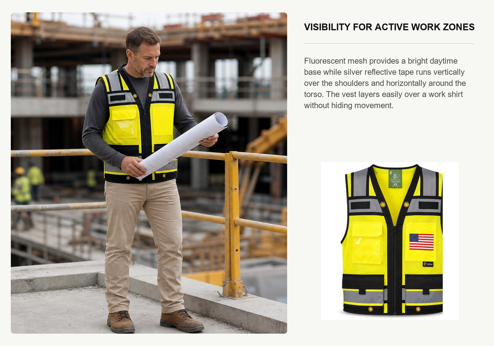 Construction supervisor wearing a fluorescent yellow reflective mesh multi-pocket safety vest