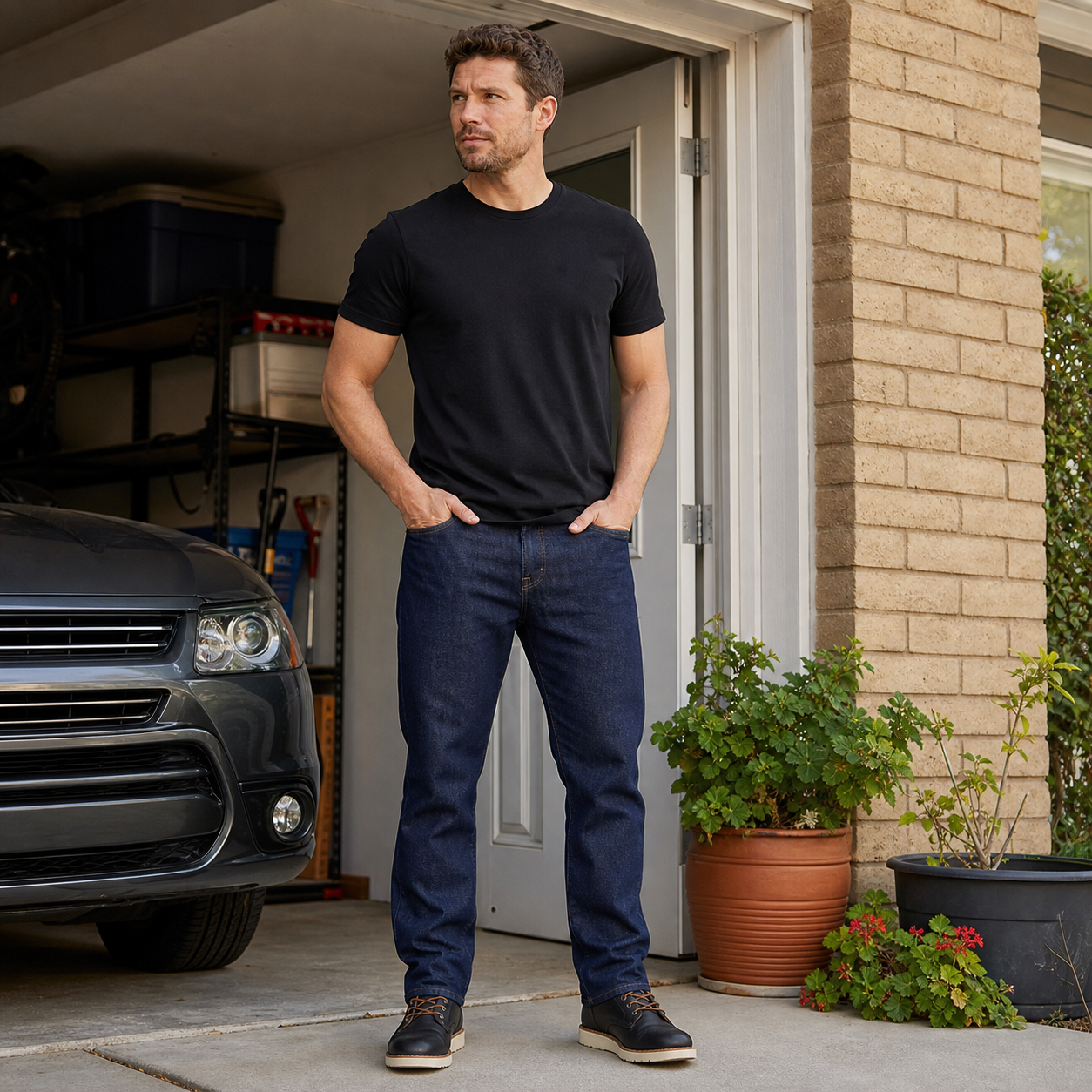 Man wearing dark indigo CLASSIC STRAIGHT FIT JEANS in a weekend driveway scene