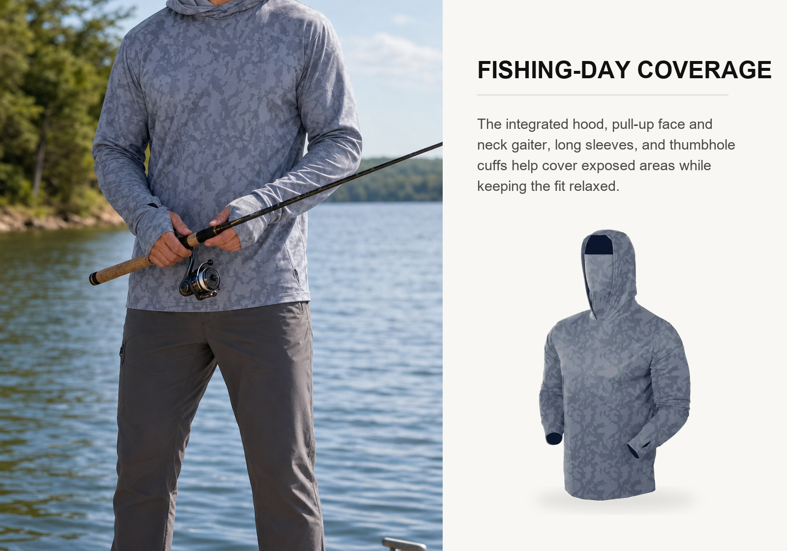 Angler wearing a gray camo UPF 50 hooded sun shirt on a sunny fishing dock