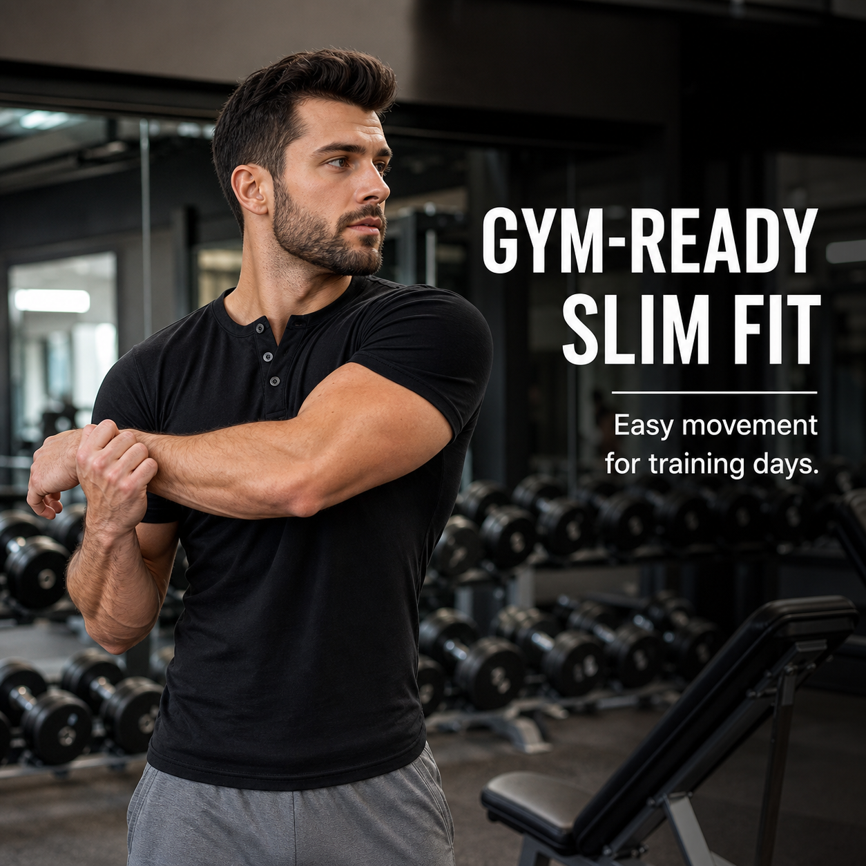Man wearing a black slim fit short sleeve Henley shirt in a gym lifestyle scene