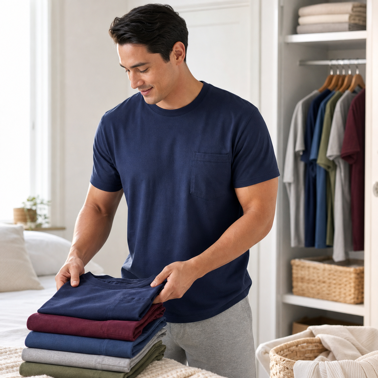Man wearing a navy pocket T-shirt while folding assorted pocket tees at home