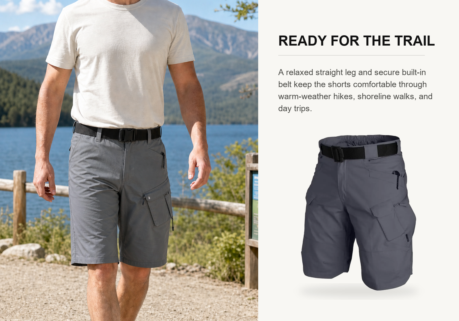 Man wearing gray multi-pocket tactical shorts while walking on a lakeside trail