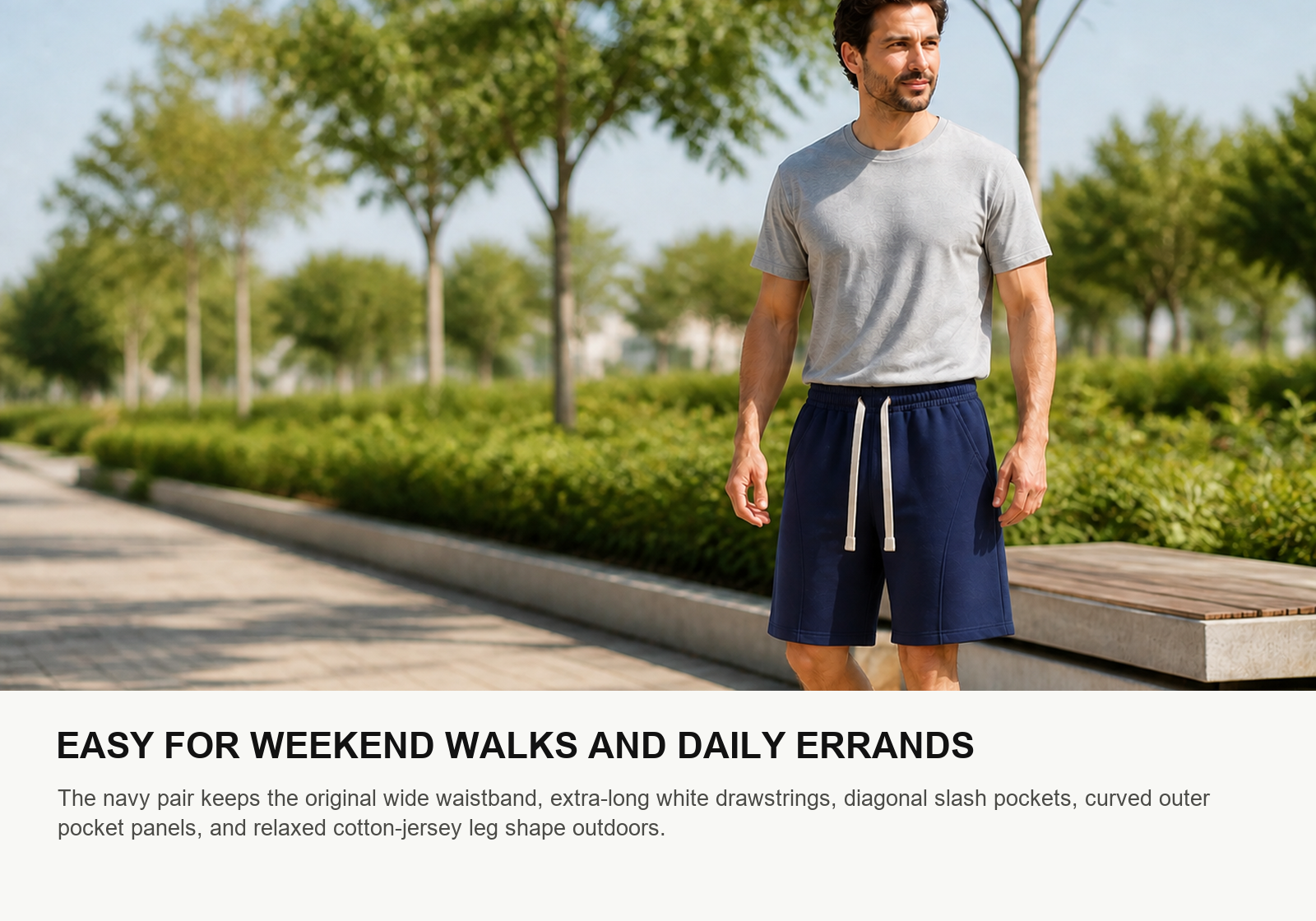Man wearing navy unisex cotton jersey lounge shorts during a casual weekend walk