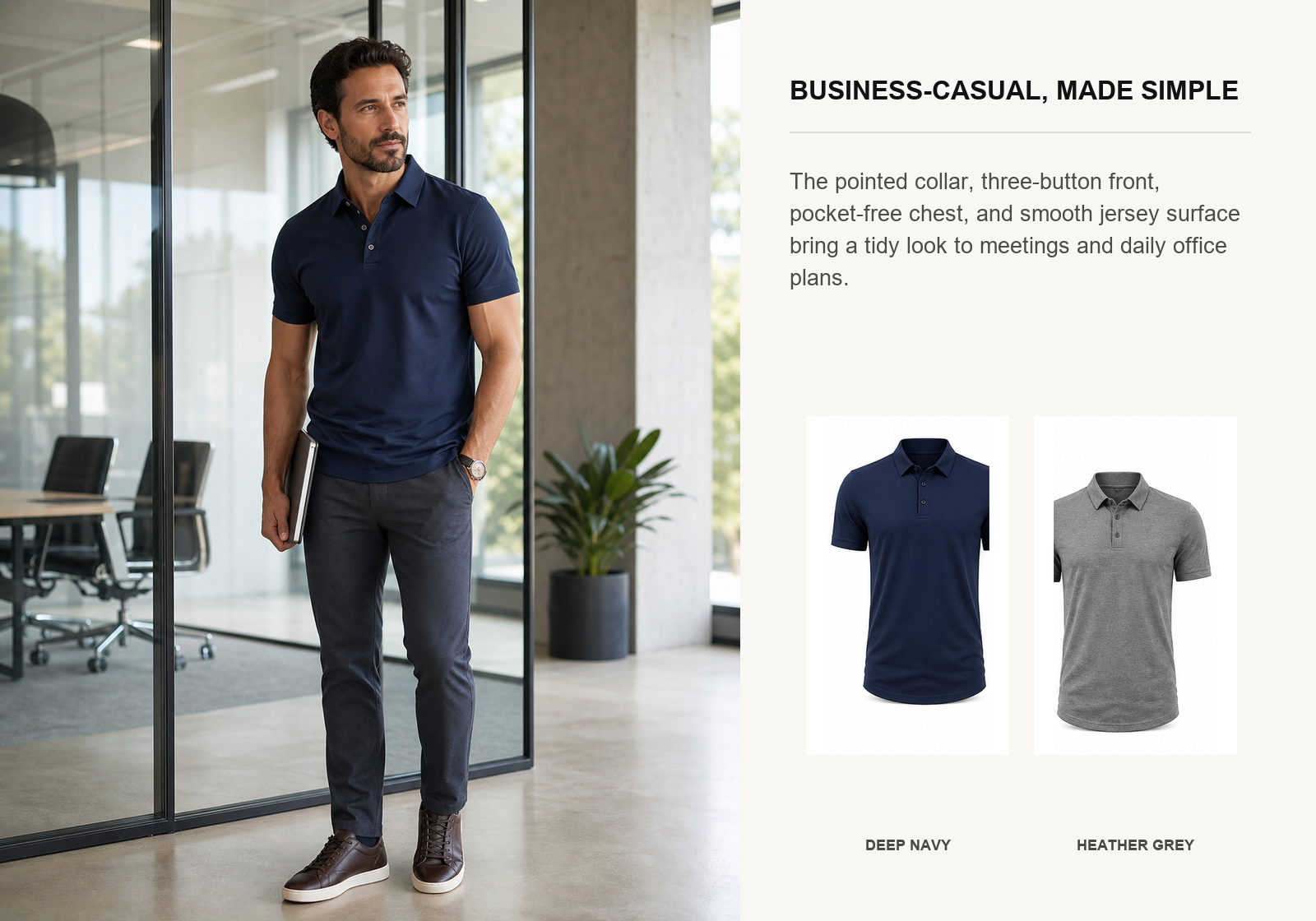 Man wearing a deep navy cotton-stretch casual business polo shirt in a modern conference office