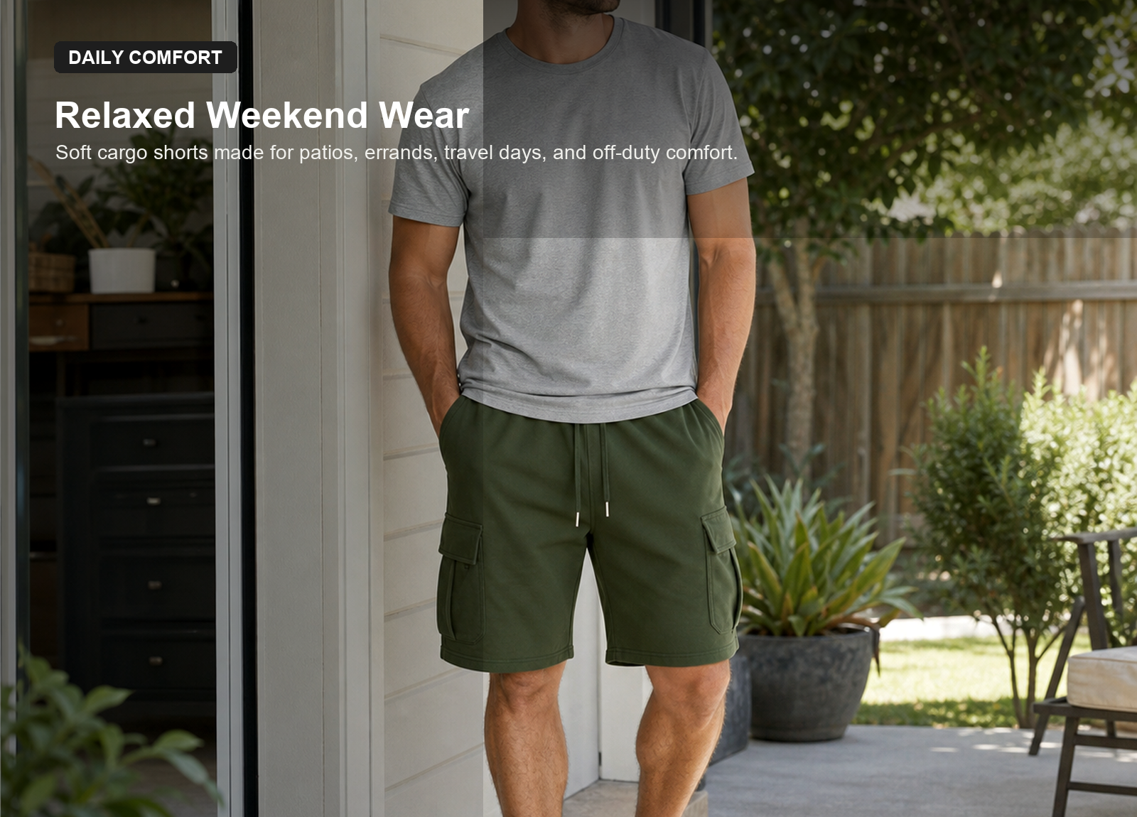 Man wearing olive cargo sweat shorts in a casual patio setting