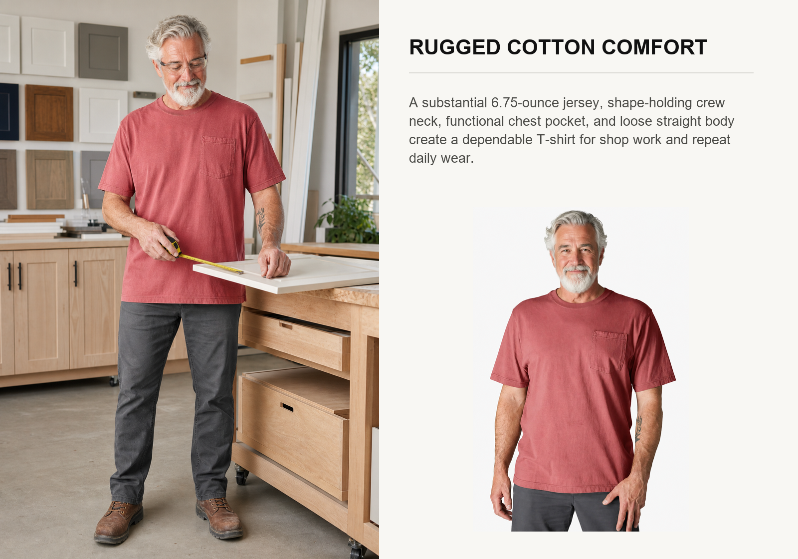 Cabinet installer wearing a muted red heavyweight Relaxed Fit short sleeve pocket T-shirt