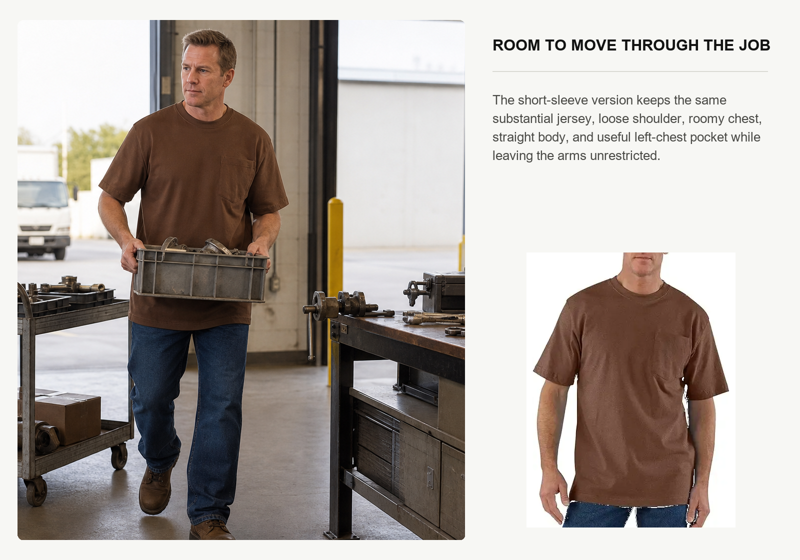 Maintenance technician carrying parts while wearing a brown heavyweight short sleeve work pocket T-shirt
