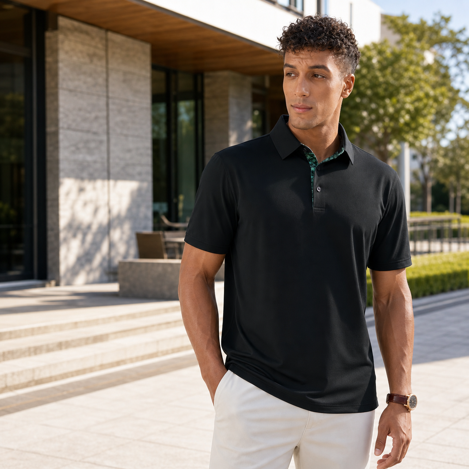 Man wearing black short sleeve solid golf polo in a smart casual outdoor setting