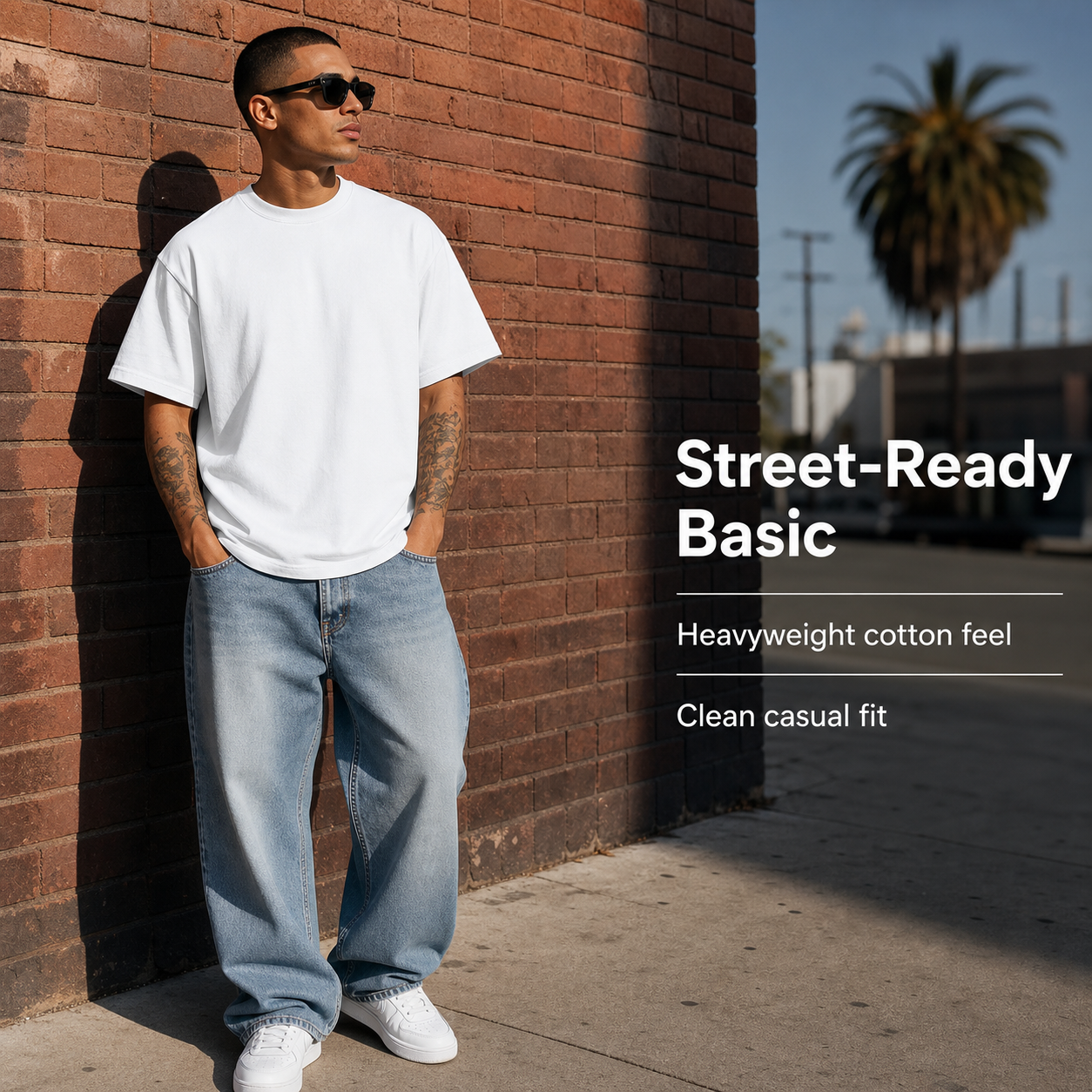 Man wearing a plain white heavyweight cotton crew neck T-shirt in a casual streetwear scene