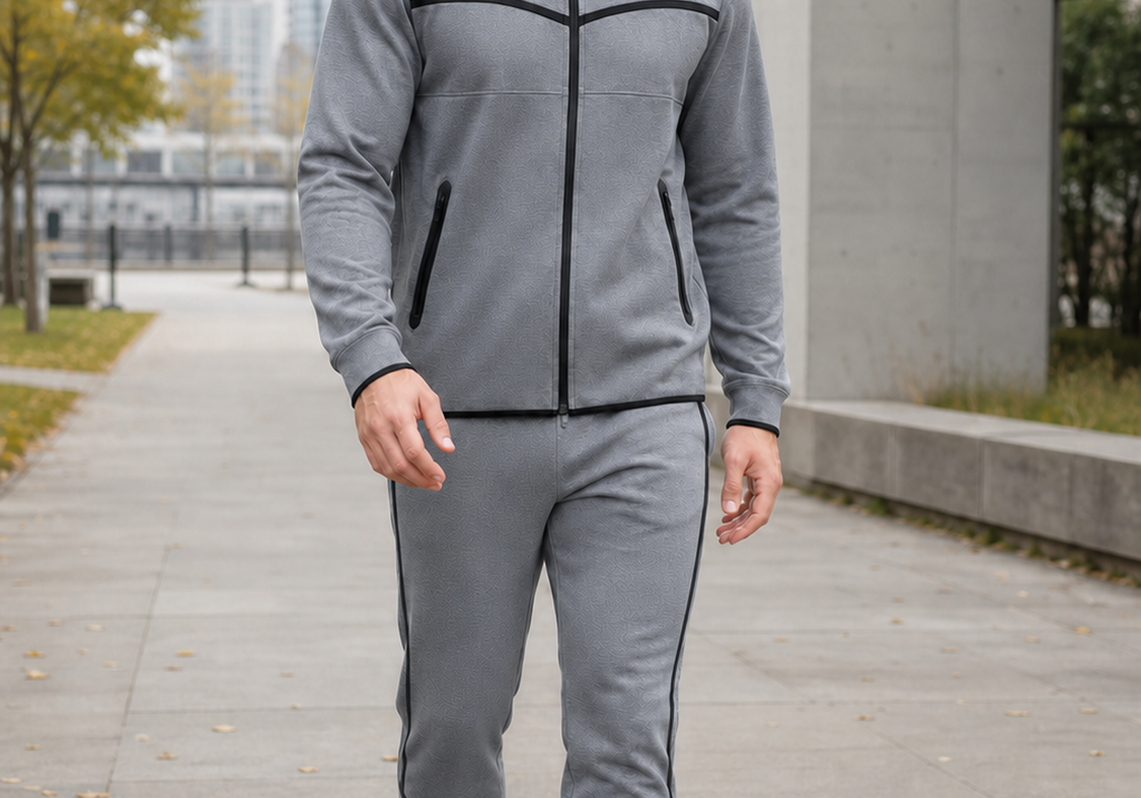 Man wearing the heather gray striped fleece zip hoodie and jogger set on a city walk