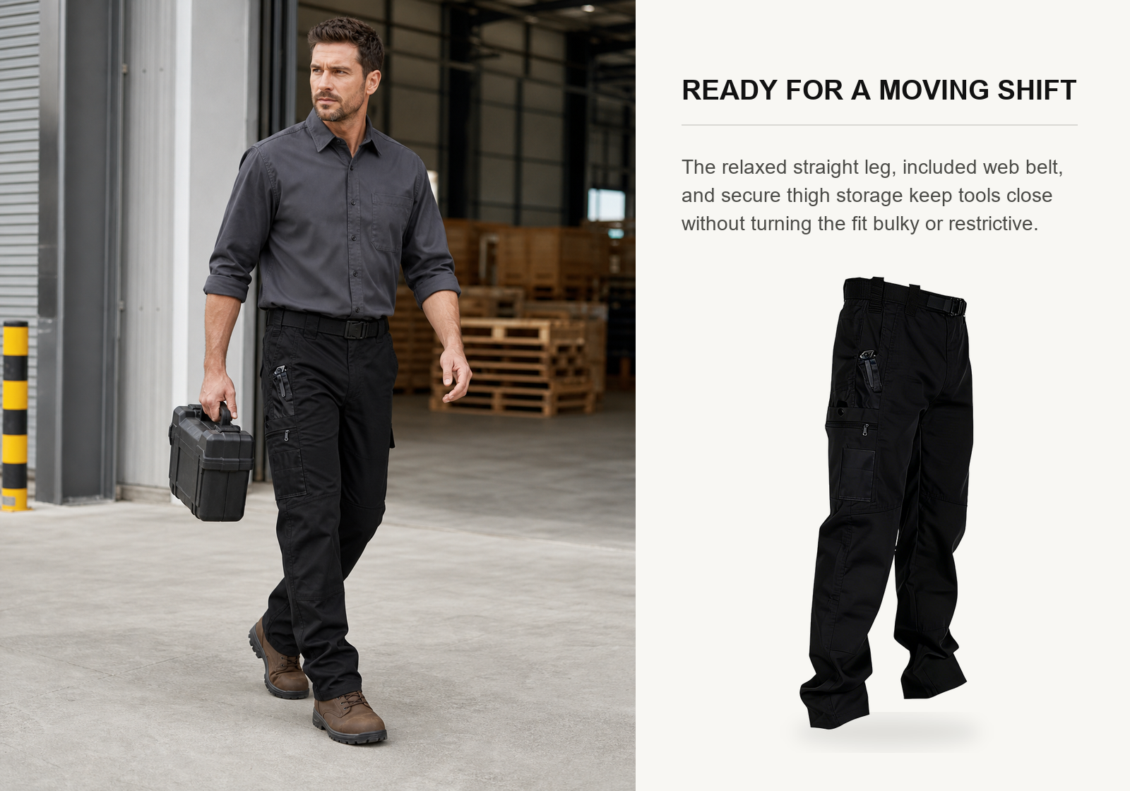Warehouse maintenance technician wearing black multi-pocket tactical work pants