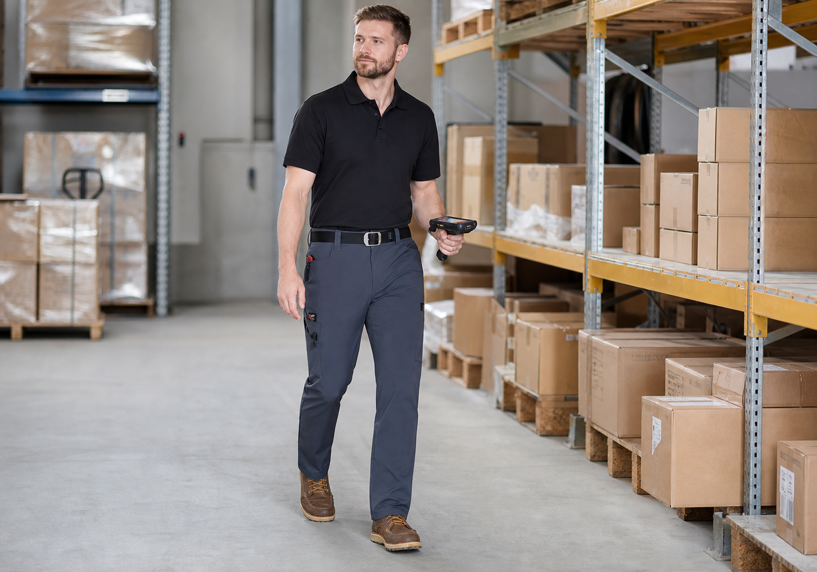 Warehouse technician wearing navy seven-pocket tech work pants