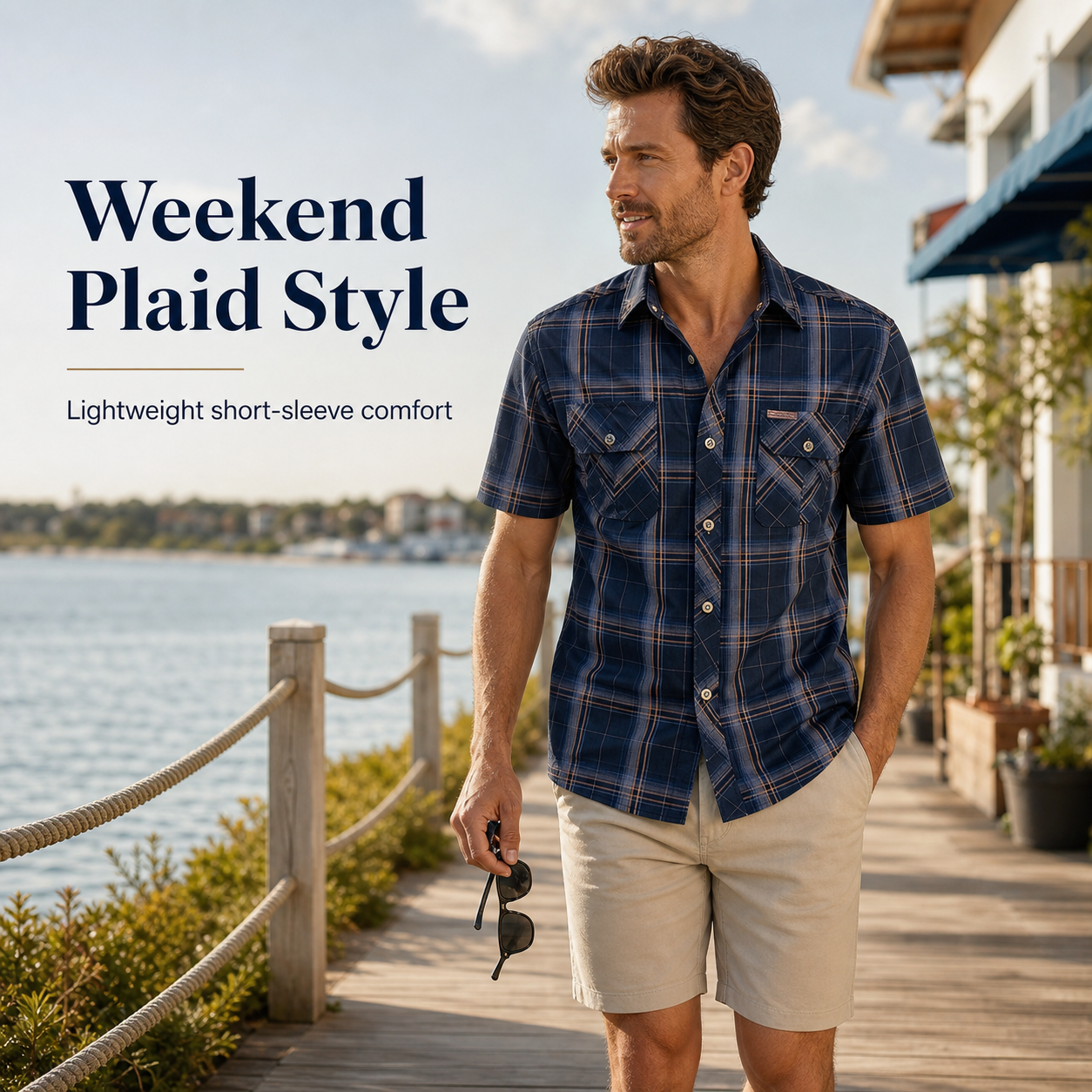 Man wearing a blue plaid short sleeve button-up shirt in a weekend waterfront lifestyle scene