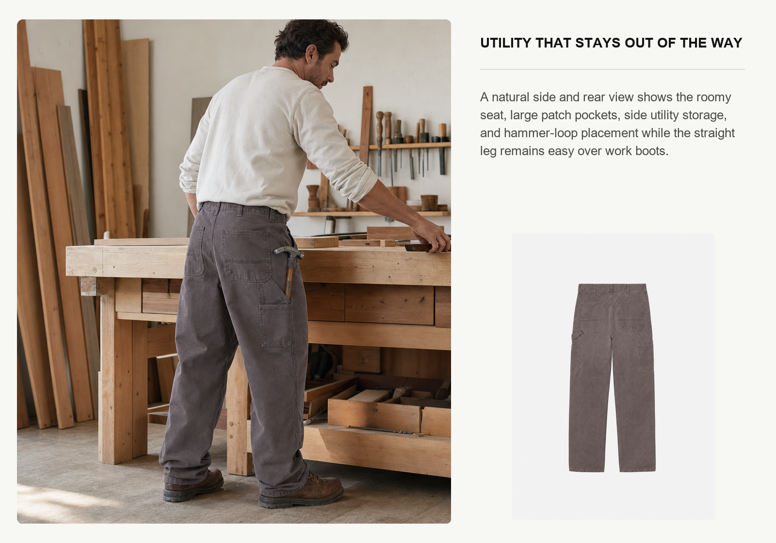 Carpenter wearing charcoal Relaxed Fit washed work pants with rear patch pockets side utility pocket and hammer loop