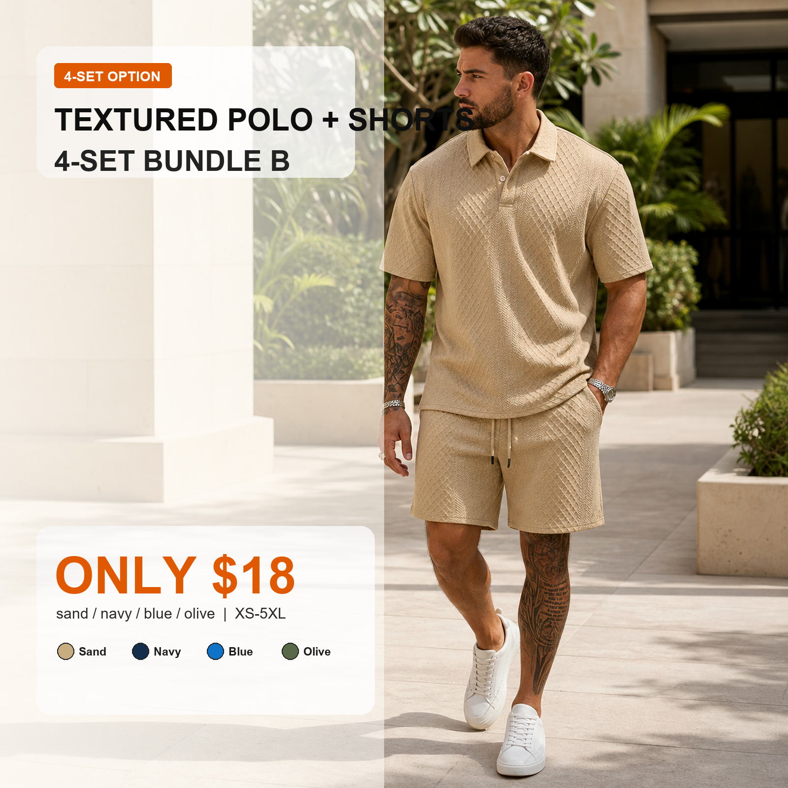 4-set bundle B textured polo shirt and drawstring shorts main image