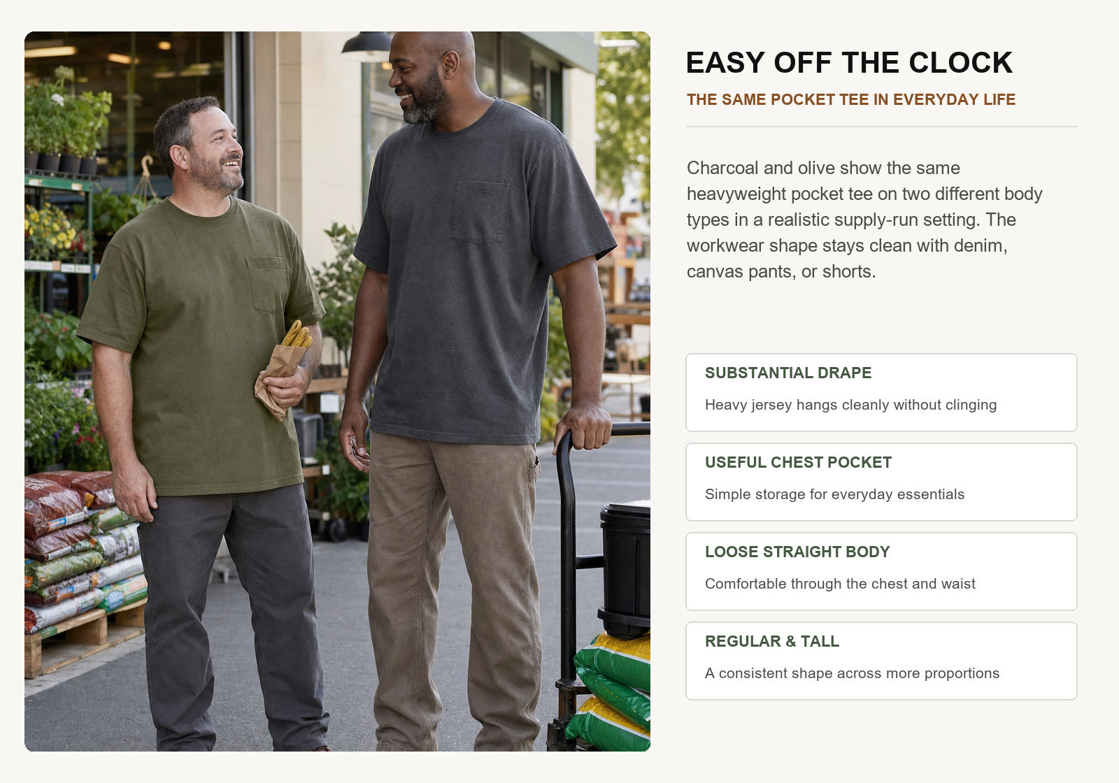 Two men with regular and big tall builds wearing charcoal and olive heavyweight pocket T-shirts outside a hardware store