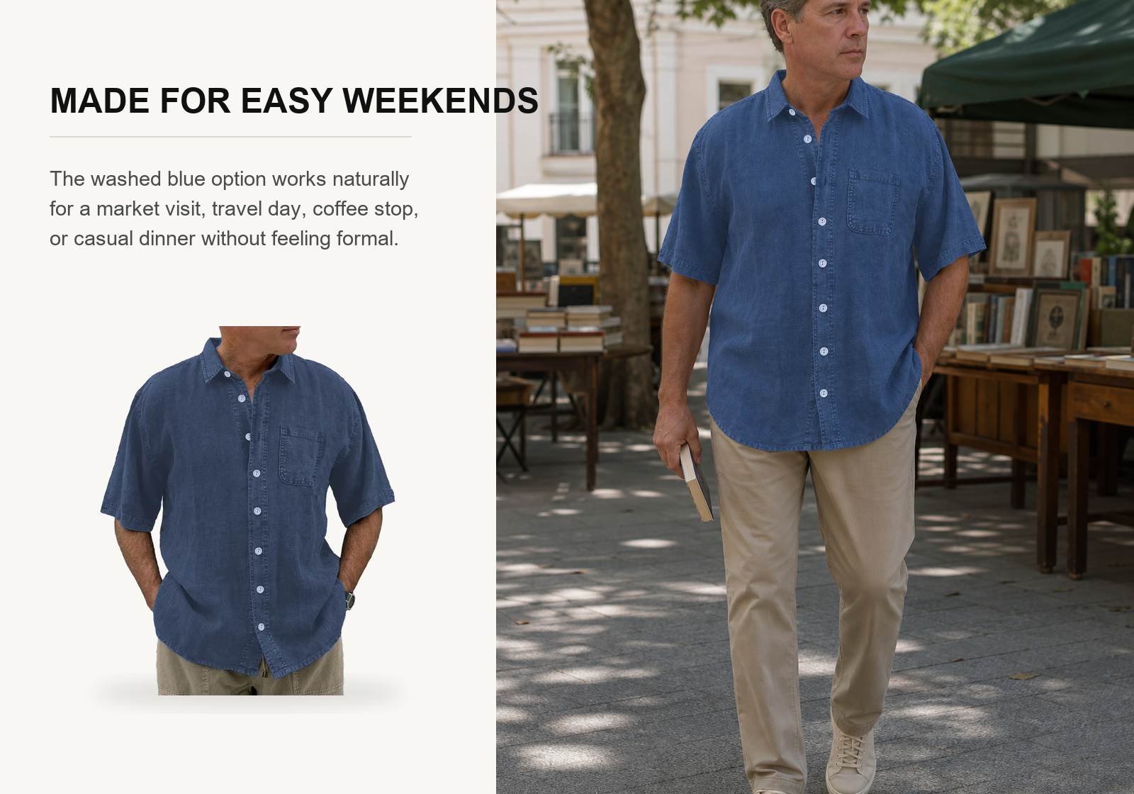 Man wearing a washed blue cotton linen pocket shirt at an outdoor weekend book market