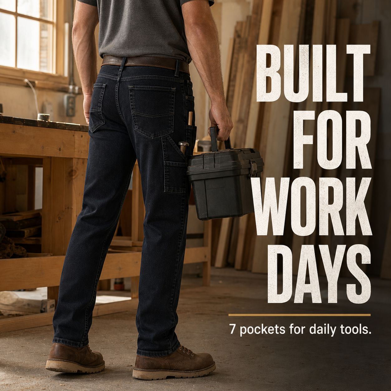 Man wearing dark indigo flex jeans with 7 pockets in a workshop carrying a toolbox