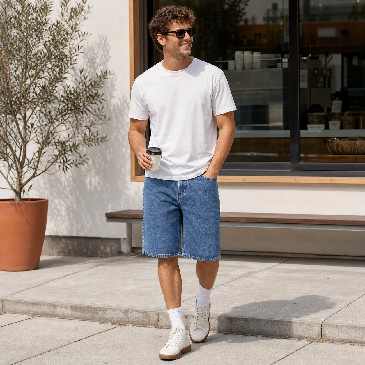 Man wearing medium wash denim dad shorts with a white T-shirt outside a coffee shop