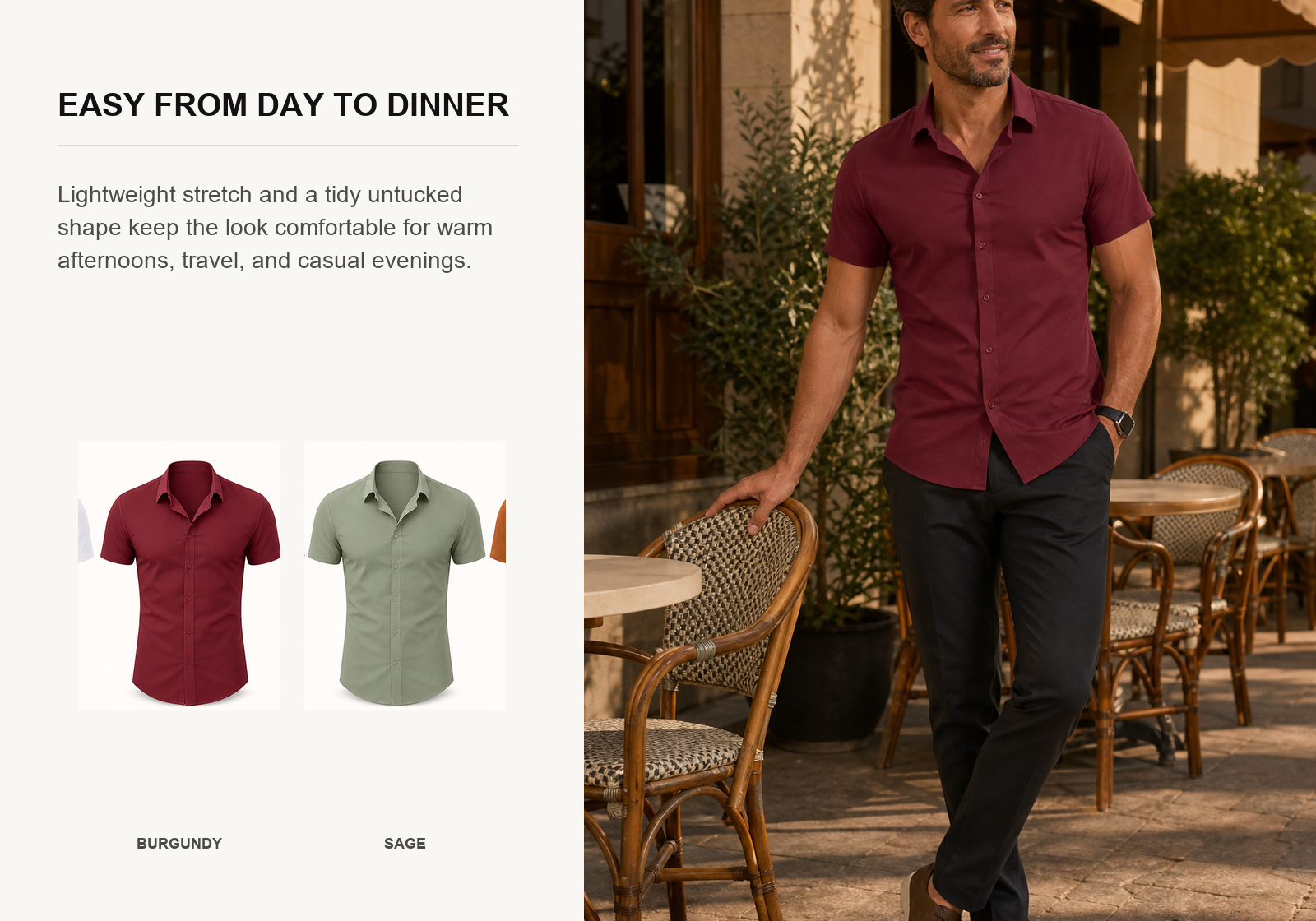 Man wearing a burgundy short-sleeve stretch button-up shirt at an outdoor cafe