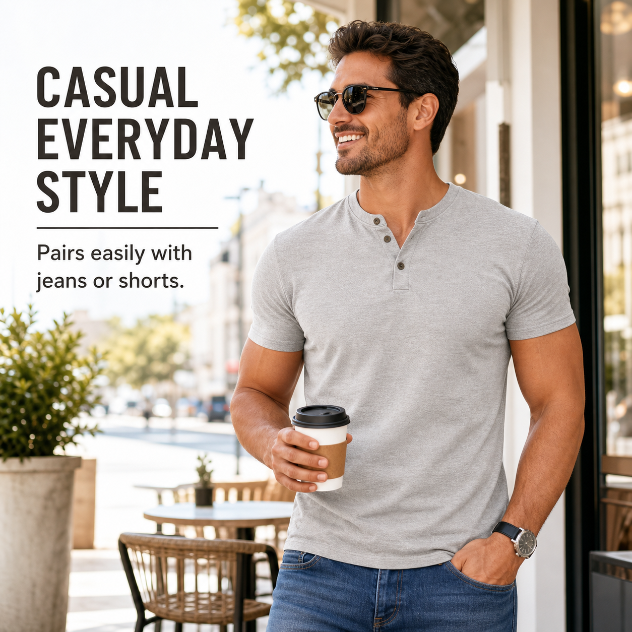Man wearing a light grey slim fit short sleeve Henley shirt outside a cafe