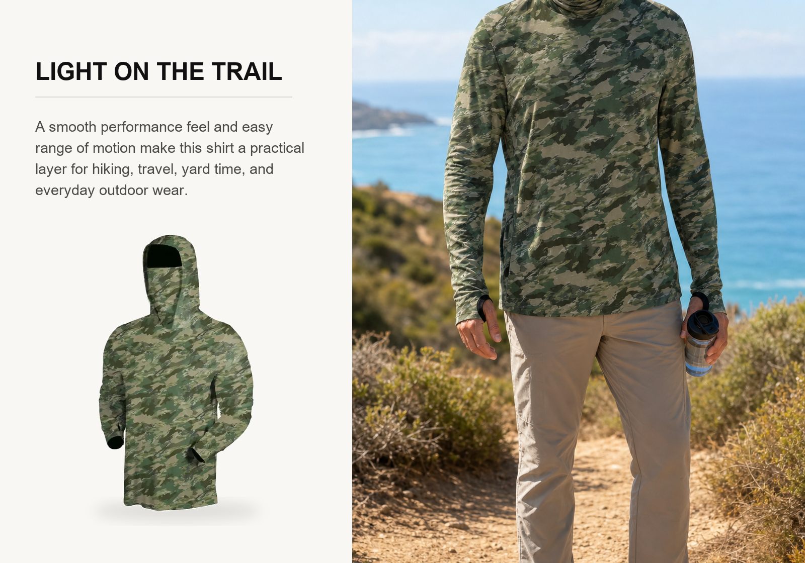 Hiker wearing a green camo UPF 50 hooded sun shirt on a coastal trail