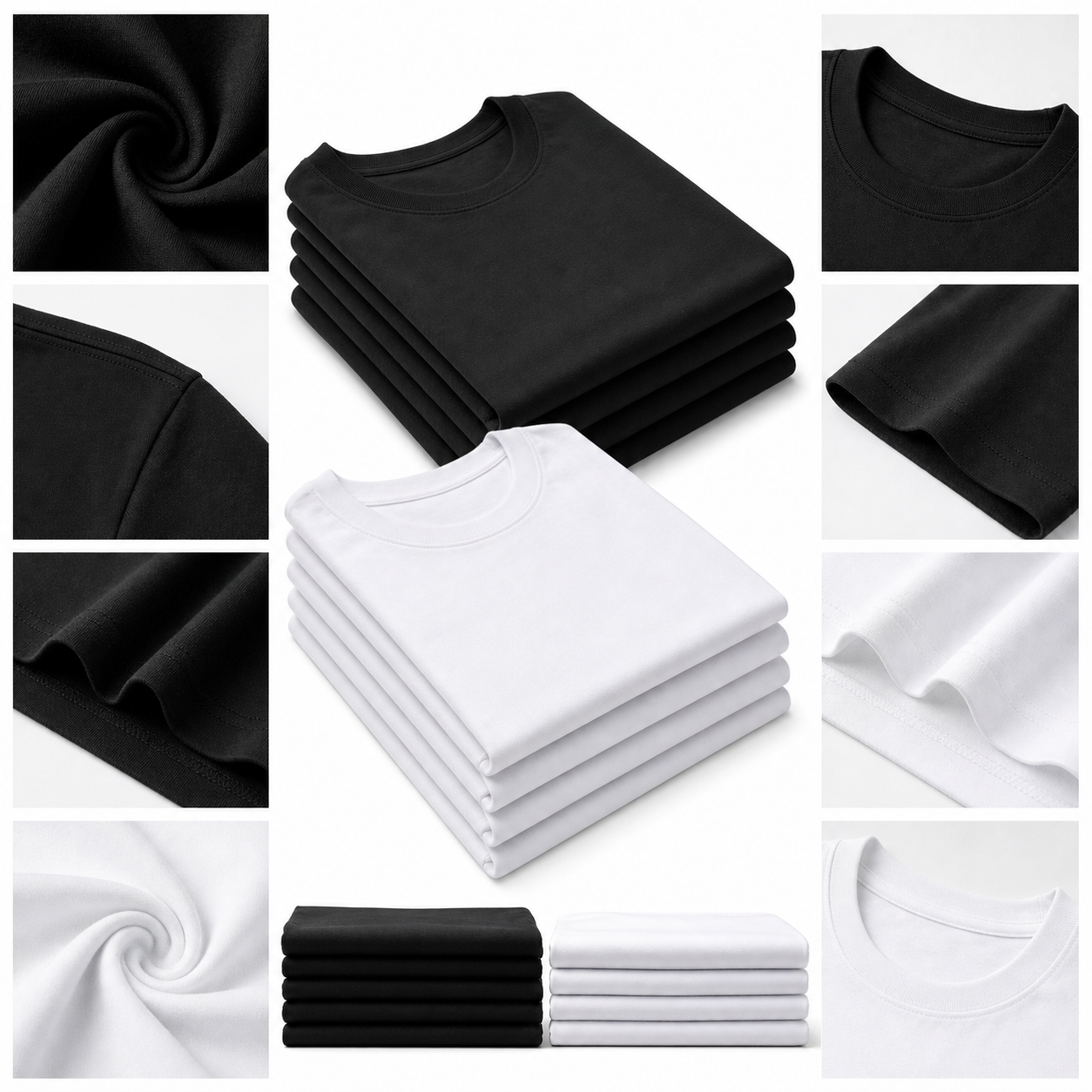 Black and white basic crew neck T-shirt material close-up with collar, seams, sleeve, hem, and stacks