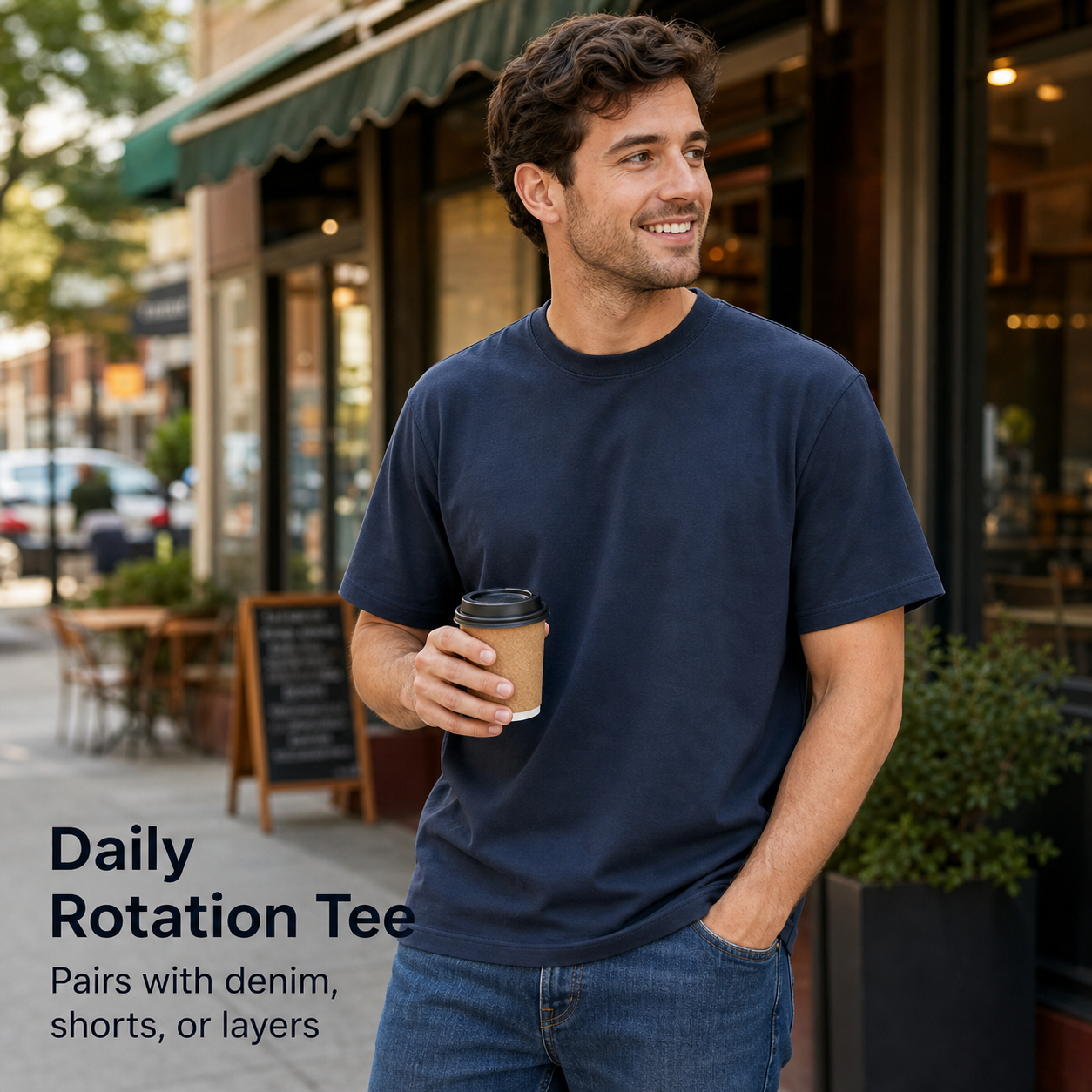 Man wearing a navy heavyweight cotton crew neck T-shirt outside a coffee shop