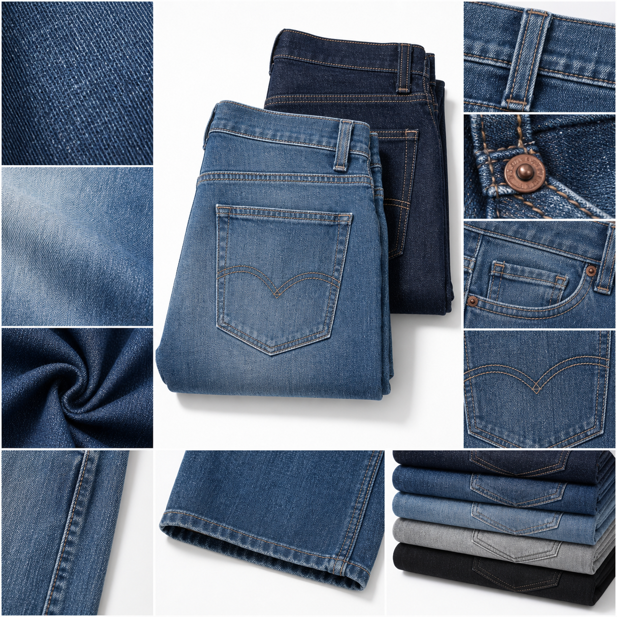 CLASSIC STRAIGHT FIT JEANS material close-up showing denim texture, waistband, rivets, pockets, stitching, hem, and wash stack