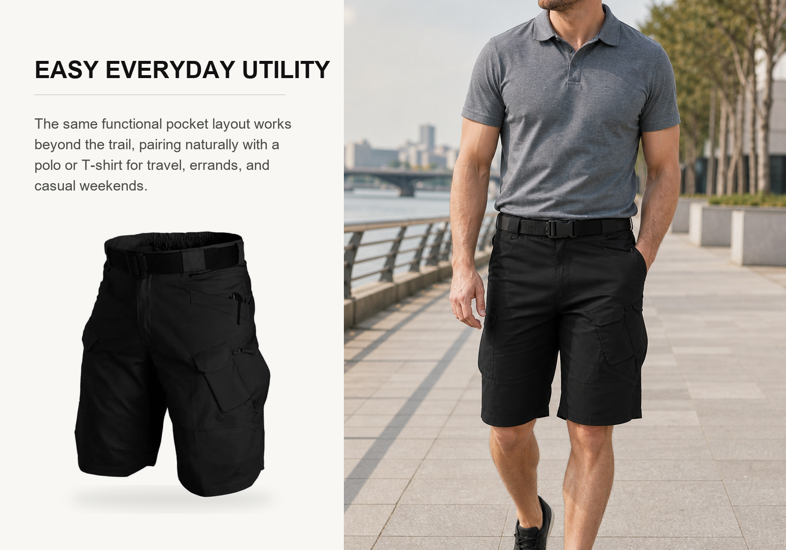 Man wearing black multi-pocket tactical shorts on a riverside city promenade