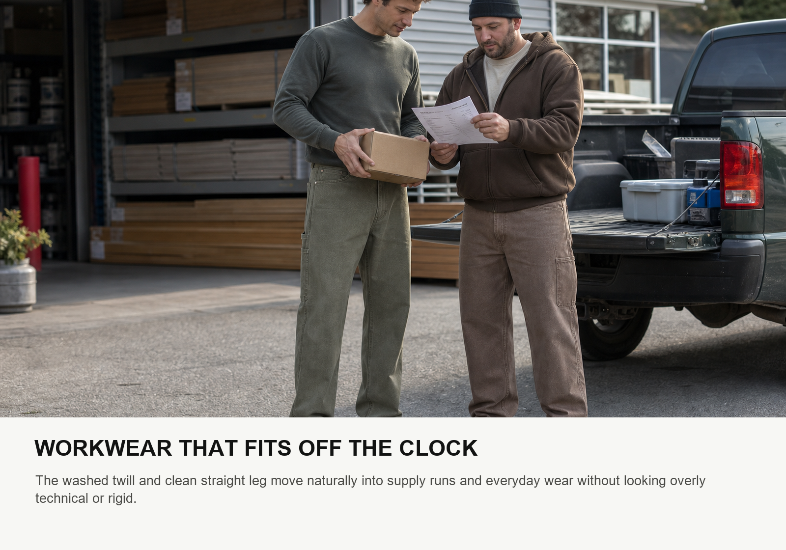 Two men wearing olive and brown washed utility work pants during a building supply run