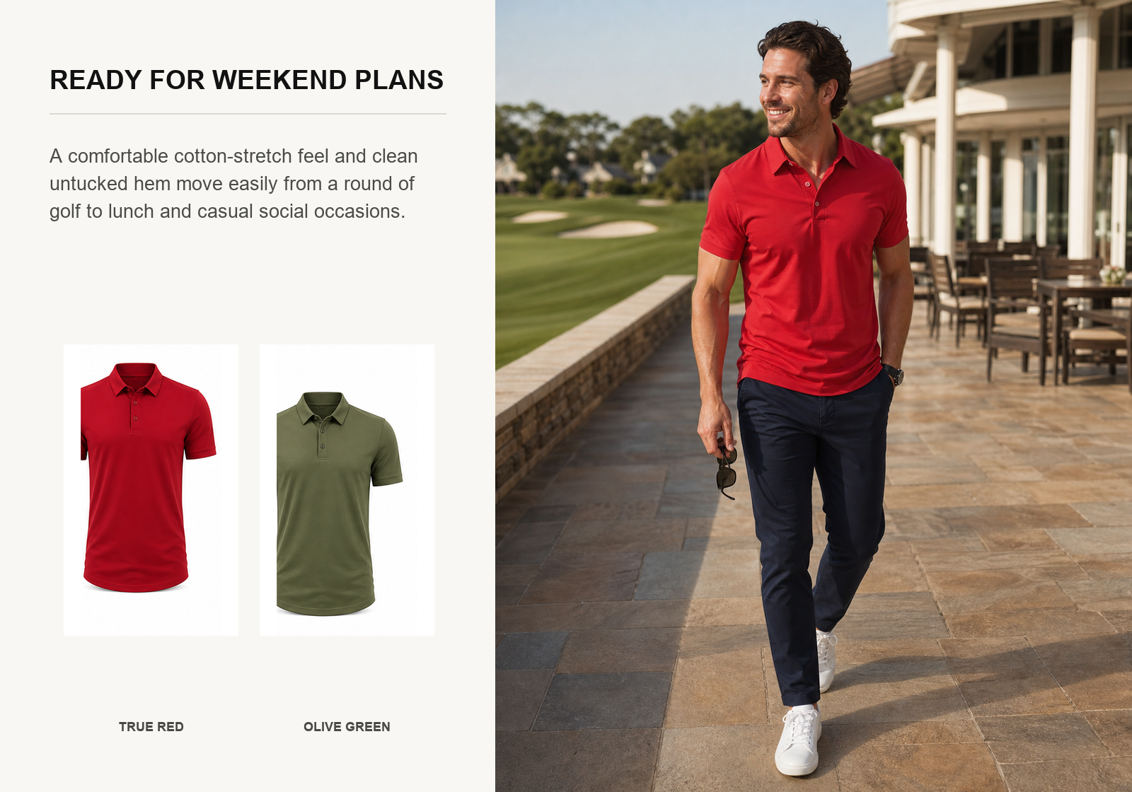 Man wearing a red cotton-stretch casual business polo shirt at a golf clubhouse terrace