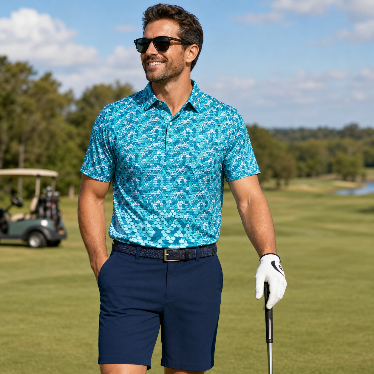 Man wearing a teal printed short sleeve golf polo on a sunny golf course