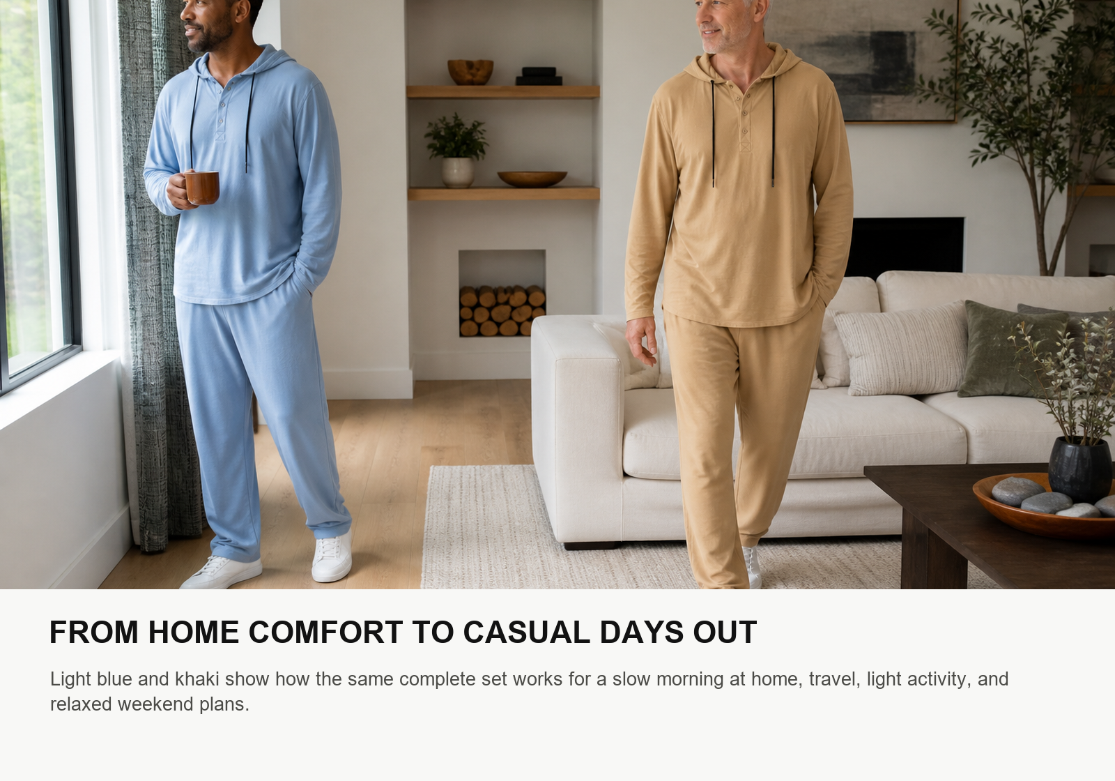 Two men wearing light blue and khaki cotton hooded matching sets in a bright living room
