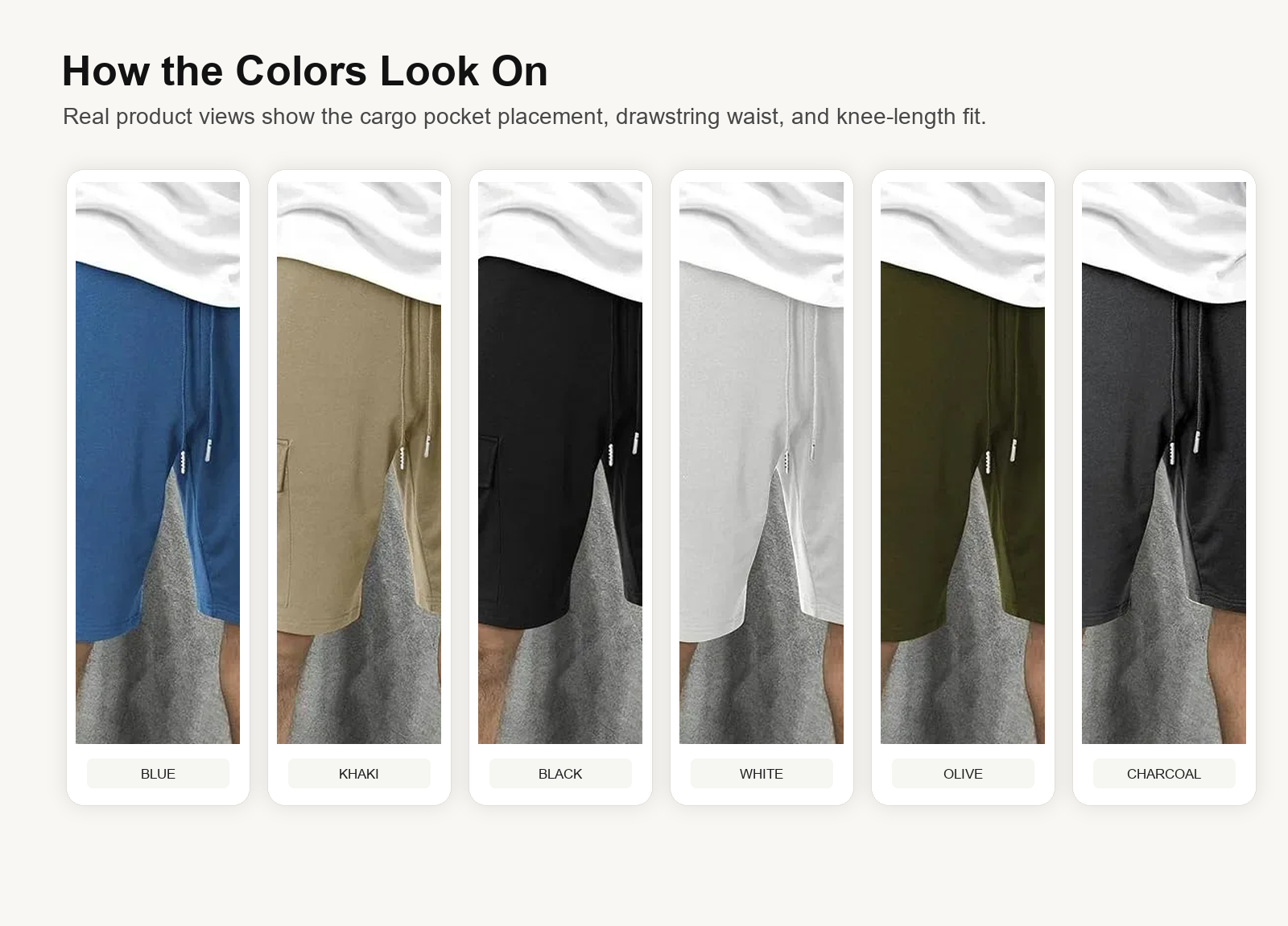 Multiple on-body color views of men's cargo sweat shorts