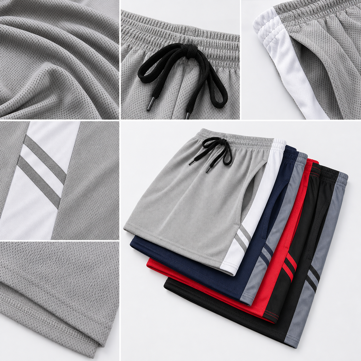Mesh athletic shorts fabric, drawstring waist, side pocket, stripe panel, and hem detail layout