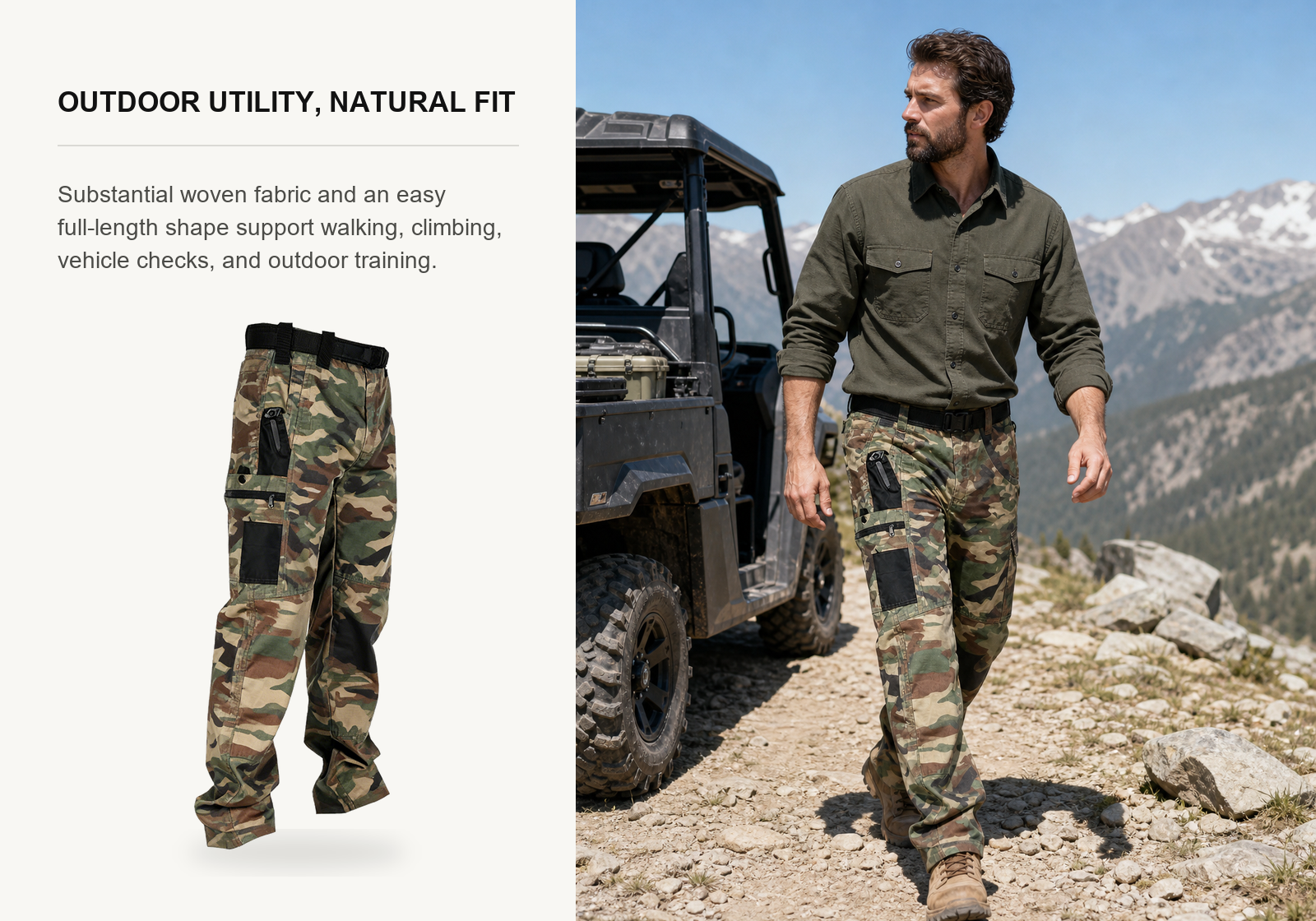 Field technician wearing woodland camouflage tactical work pants on a mountain trail