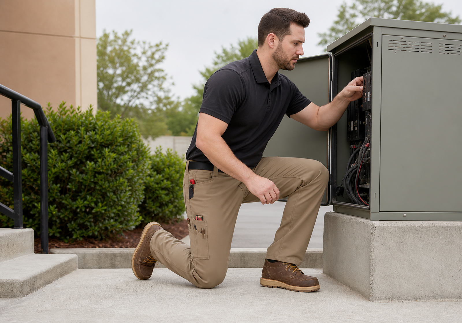 Maintenance worker wearing khaki tech work pants while inspecting outdoor equipment