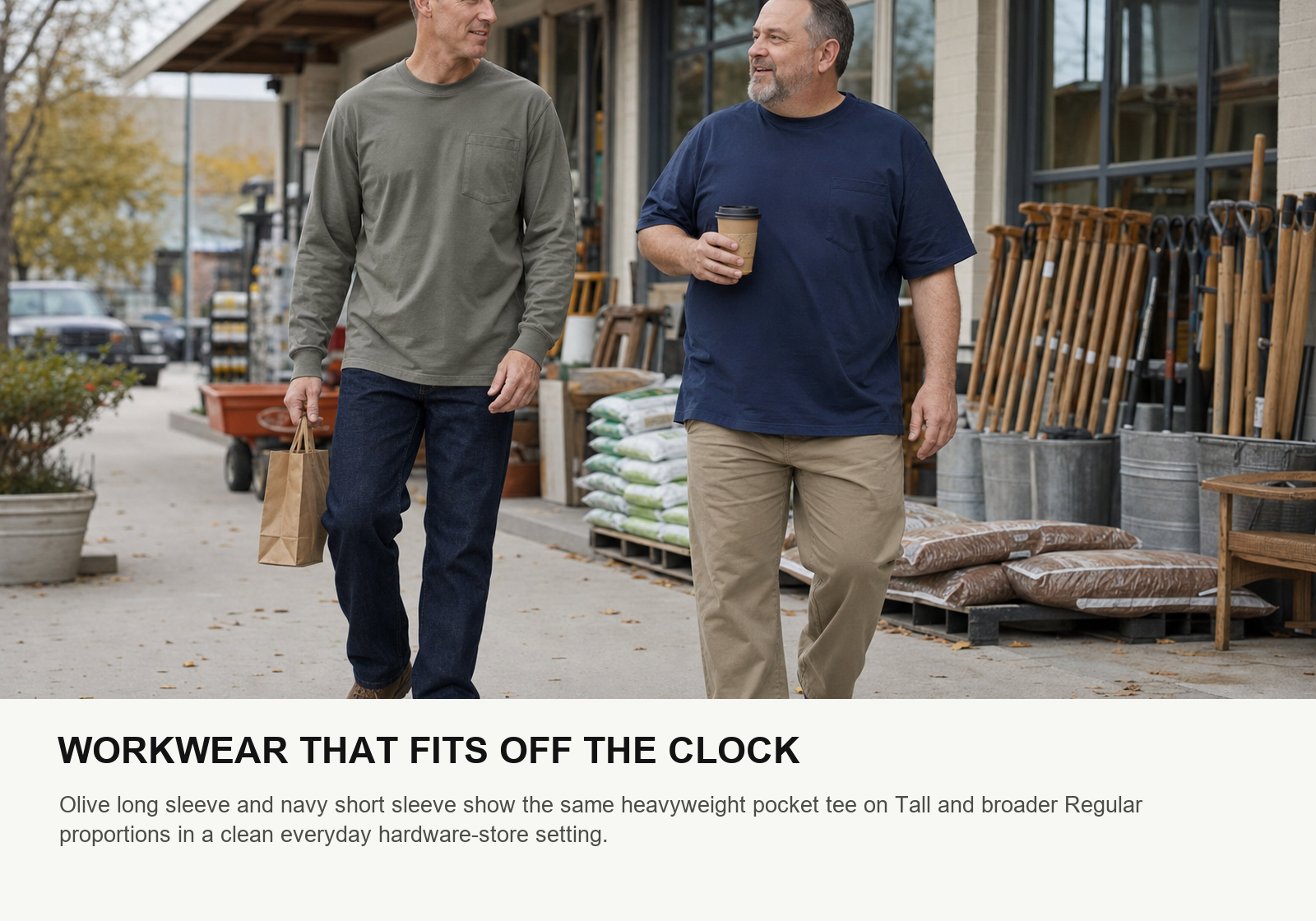Tall and regular build men wearing olive long sleeve and navy short sleeve heavyweight pocket T-shirts