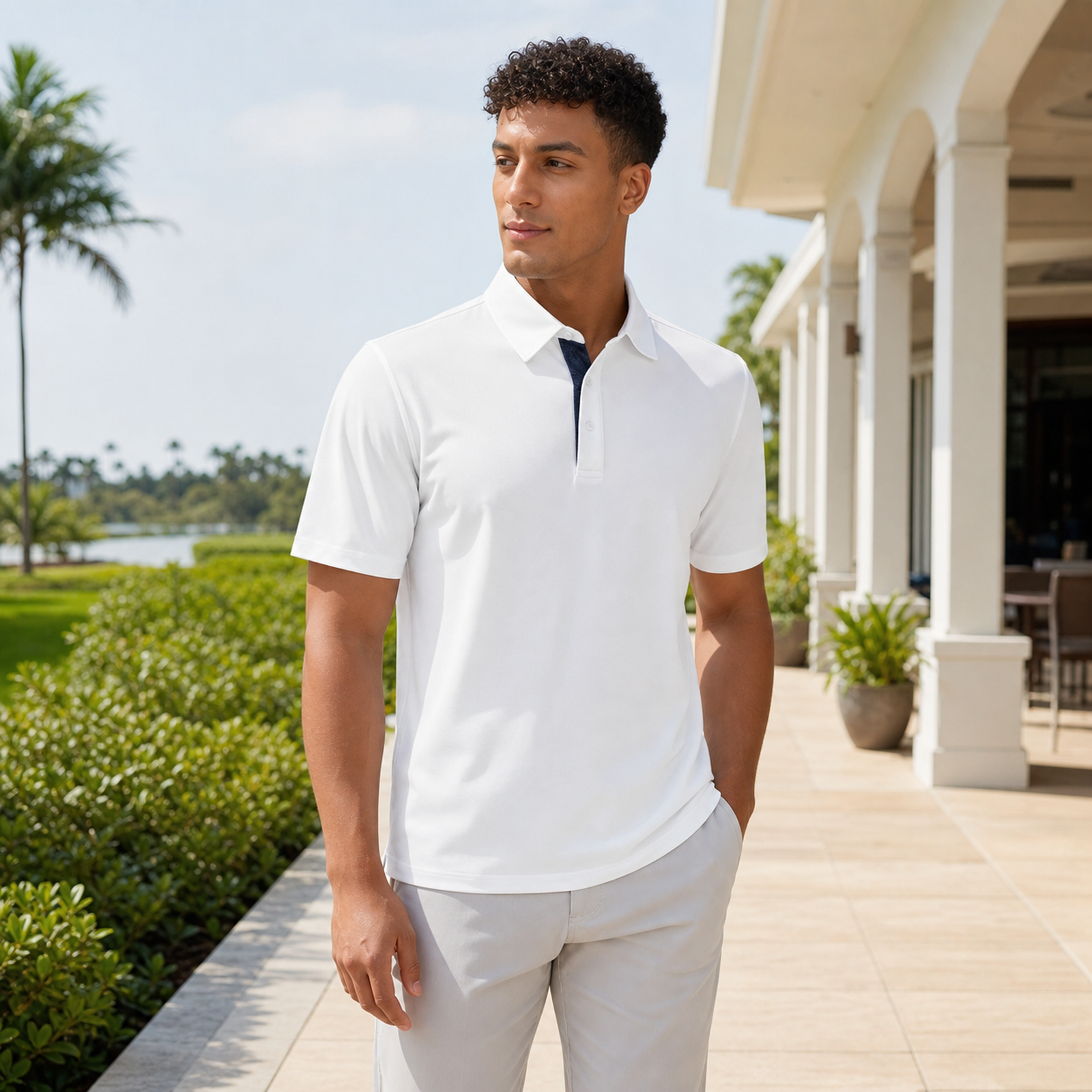 Man wearing white short sleeve performance golf polo at a resort walkway