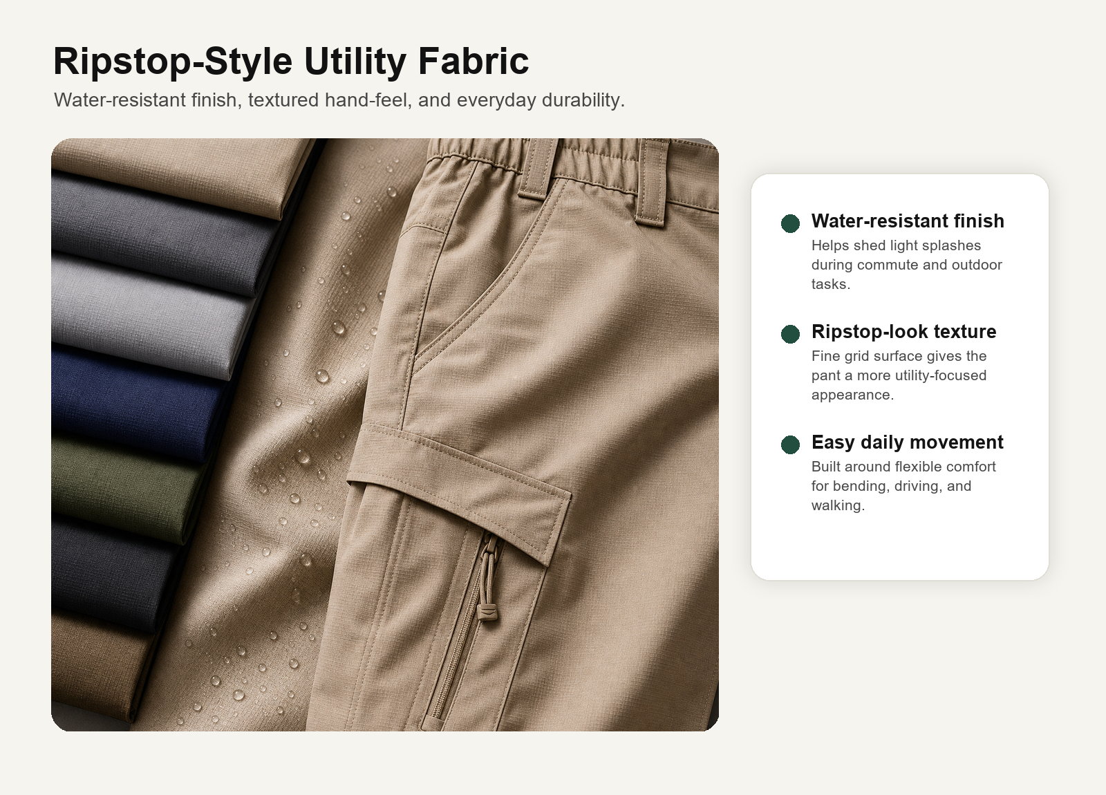 Close-up of ripstop-style cargo pants fabric with water droplets, pocket, zipper, and color stack