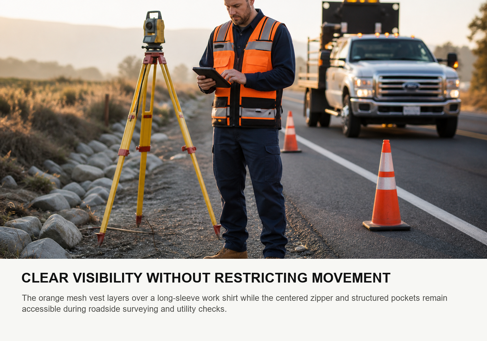 Road survey worker wearing an orange reflective mesh zipper safety vest with multiple pockets