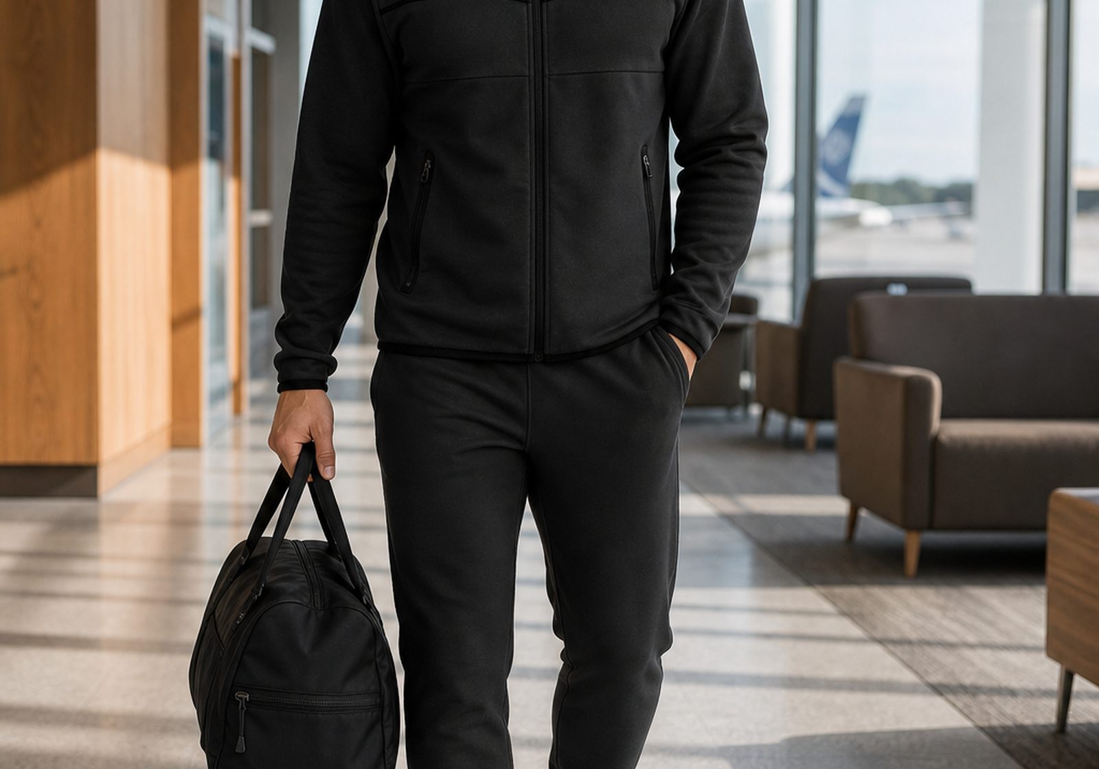 Man traveling in the solid black fleece full zip hoodie and jogger set