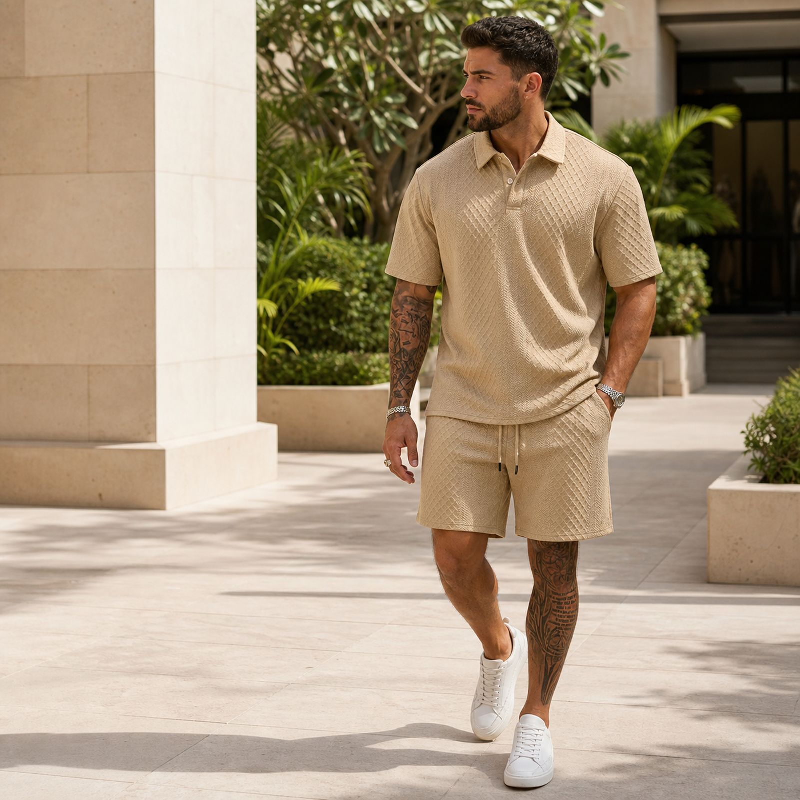 Man wearing sand textured polo shirt and matching shorts in a patio travel scene