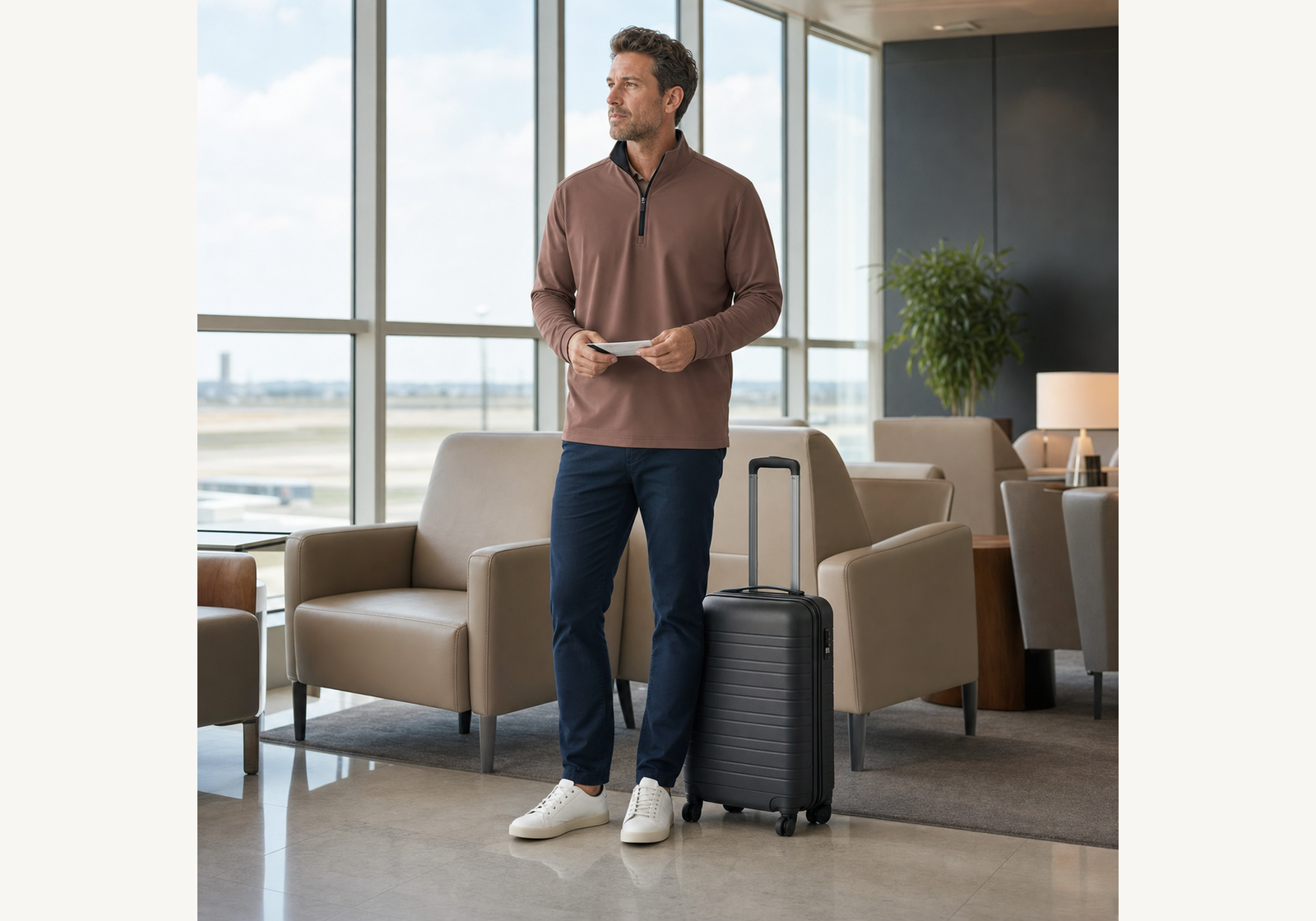 Man wearing a warm brown quarter zip pullover in a bright airport lounge