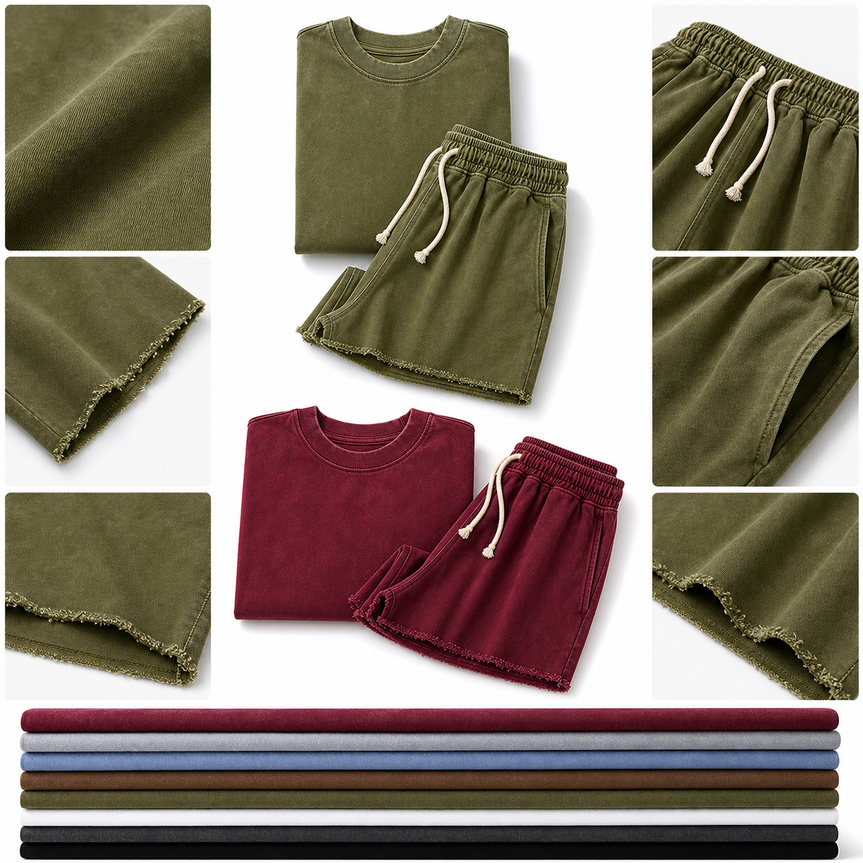 Loose sportswear set material close-up with washed fabric, raw edges, drawstring waist, pockets, and colors